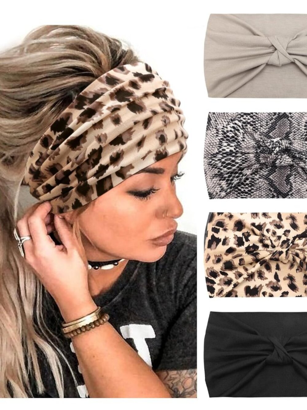 4 Pack Turban Headbands for Women Wide Vintage Head Wraps Knotted Cute Hair Band